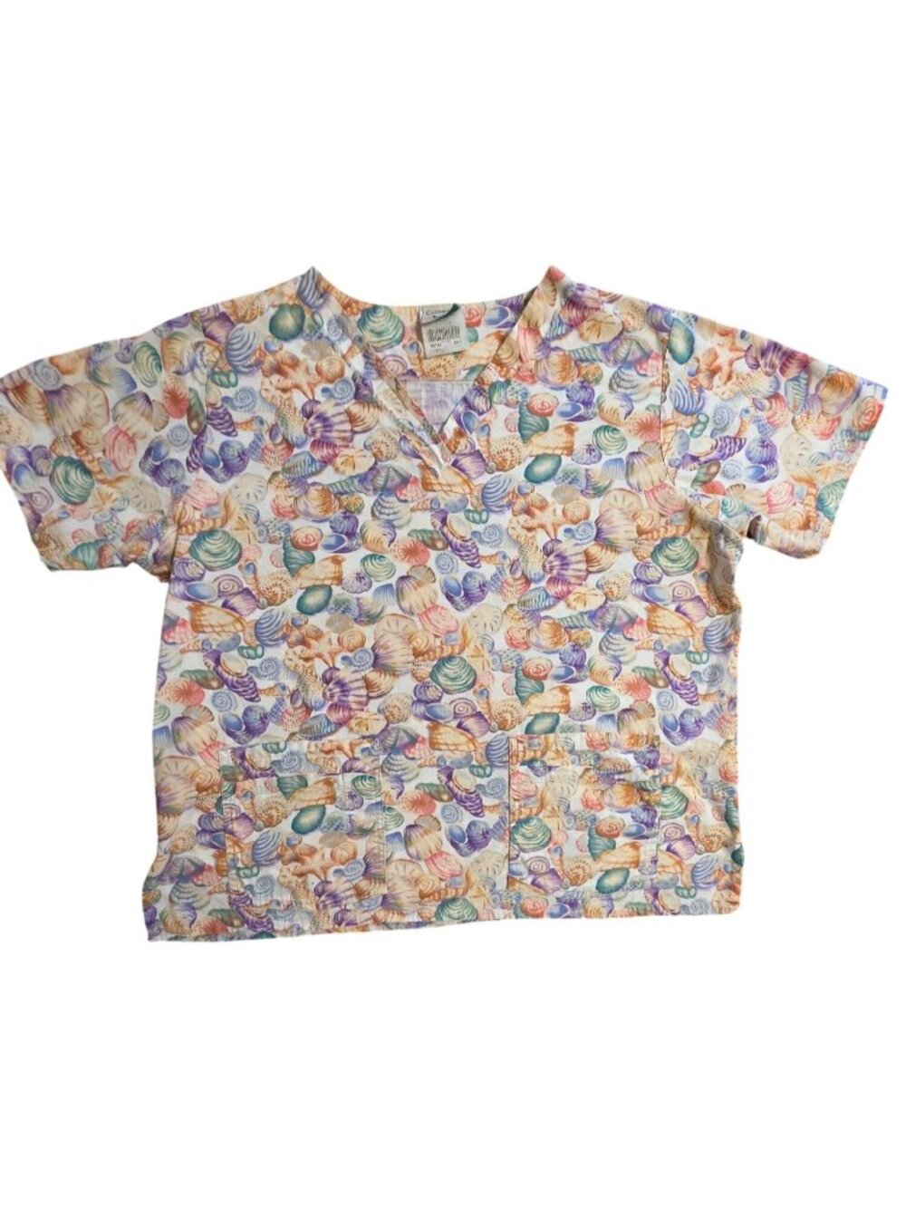 Vintage Cottonality Seashell Scrub Top XL 100% Cotton Coastal Grandma Pockets
